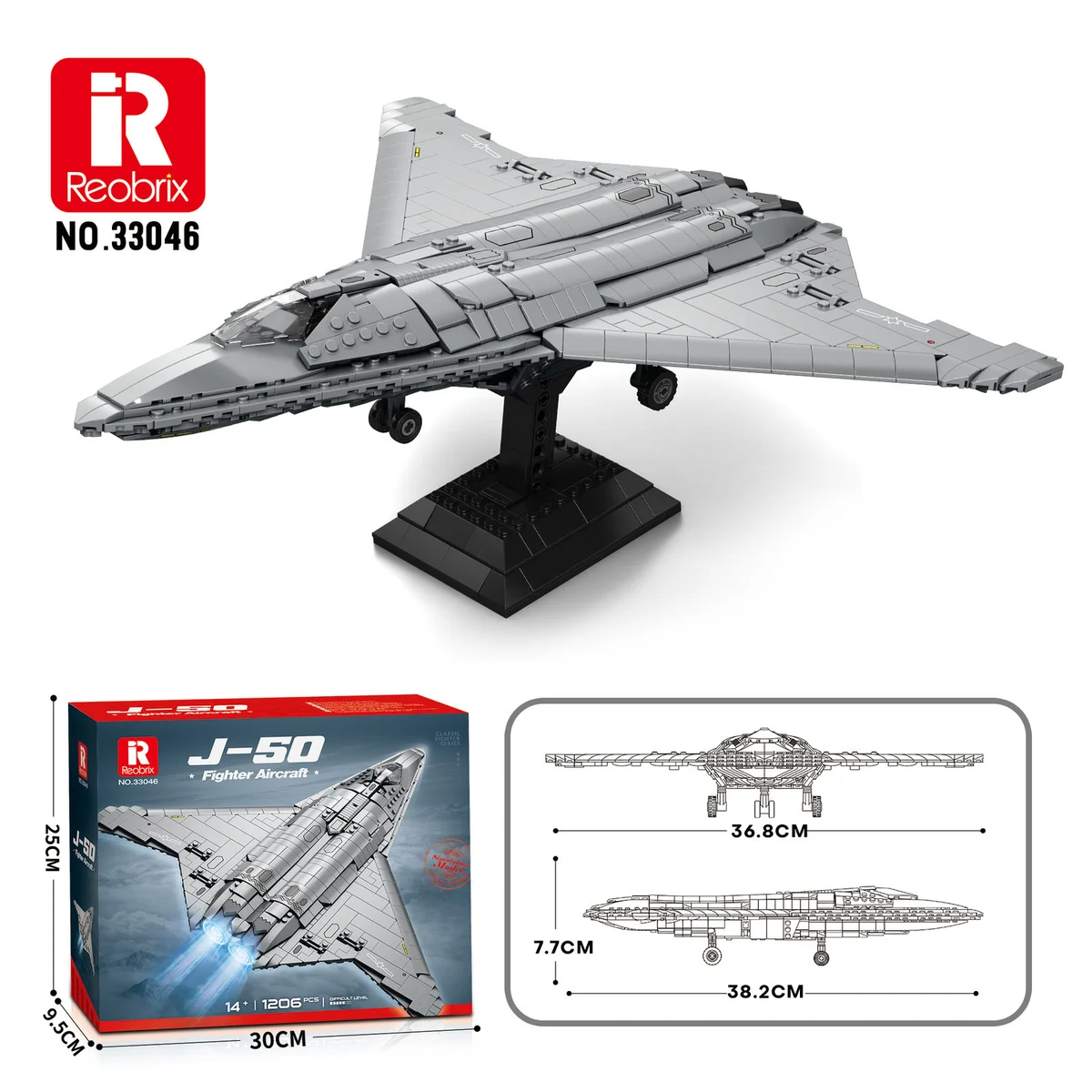 REOBRIX 33046 Kampfjet J-50 Konstruktionsset - 1206 Teile - Stealth Fighter Modell mit beweglichen Waffenkammern 4 REOBRIX 33046 Kampfjet J-50 Konstruktionsset - 1206 Teile - Stealth Fighter Modell mit beweglichen Waffenkammern – Bild 4