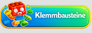 Bright rounded banner featuring a smiling red LEGO brick character on the left and the word 'Klemmbausteine' in white letters on a blue-to-green gradient.